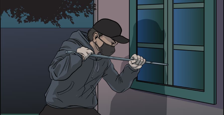 Illustration of burglar forcing entry through a window in San Bernadino